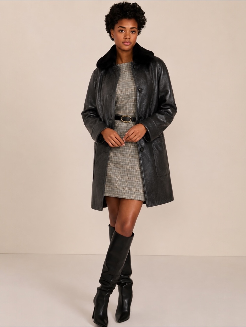 Nuage Black Genuine Leather Car Coat Zip Out Lining Fur Collar Like New Small